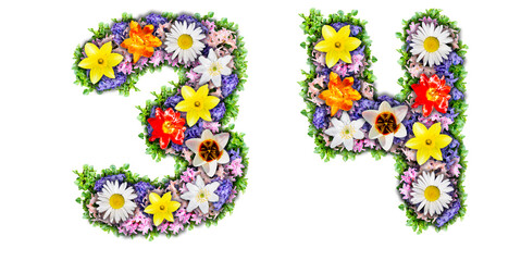 Numbers 3, 4 made in the form of a bouquet of flowers
