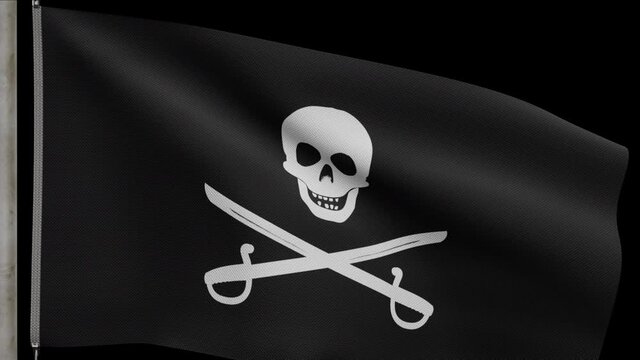 3D, Alpha channel zoom to fabric texture of pirate skull with sabers flag waving in wind. Calico Jack pirate symbol for hacker and robber concept. Realistic flag of Pirates black on wavy surface-Dan