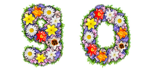 Numbers 9, 0 made in the form of a bouquet of flowers