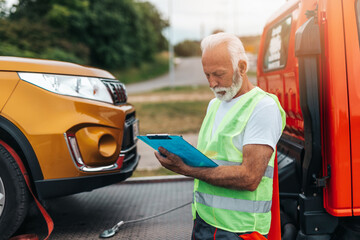 Handsome senior man working in towing service on the road. Roadside assistance concept..