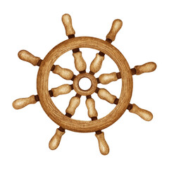 Watercolor Ship Wooden Steering Wheel. Nautical vessel part, vintage  Navigation equipment. Maritime Sea traveling clipart. Hand drawn element isolated for marine print, logo, poster, invitation, card
