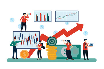Vector illustration Traders are working on financial investment, trading or profit and loss as a risk decision to invest in forex stocks to analyze into the planning of the stock market.