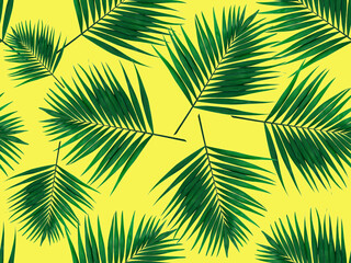 Green leaves seamless pattern. Green leaves of a palm tree on a yellow background. Seamless natural pattern of palm leaves. Natural background.