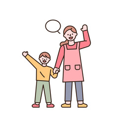 The kindergarten teacher and the child are waving and greeting together. flat design style minimal vector illustration.