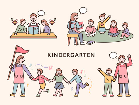 Teachers and children in kindergarten. flat design style minimal vector illustration.