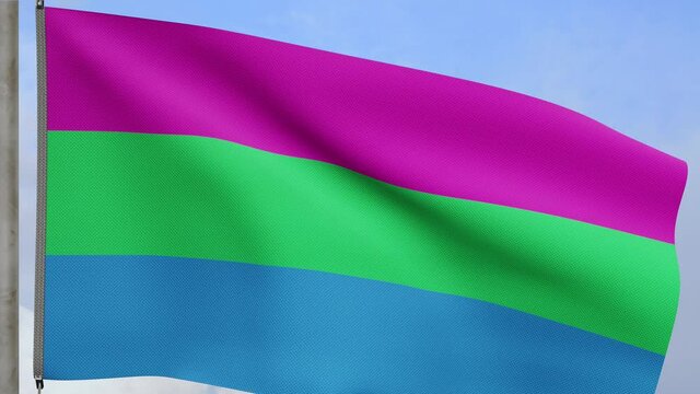3D Polysexuality flag waving on wind with blue sky clouds. Polysexual banner blowing, soft and smooth silk. Cloth fabric texture ensign background. Use it for pride gay day and events concept.-Dan