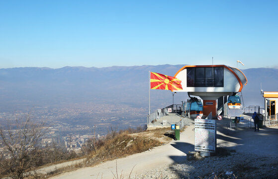 Cable Car at Vodno Hill in Skopje, Macedonia. Cableway that runs to the 66 meters high Millennium Cross situated on the top of the Vodno Hill.