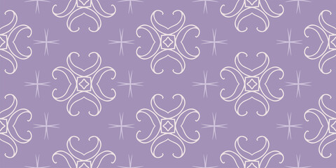 Trendy background pattern with romantic ornament on purple background, wallpaper. Seamless pattern, texture. Vector illustration