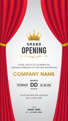 Grand opening Vertical Invitation Card on Grey background with Red Curtain and golden Crown