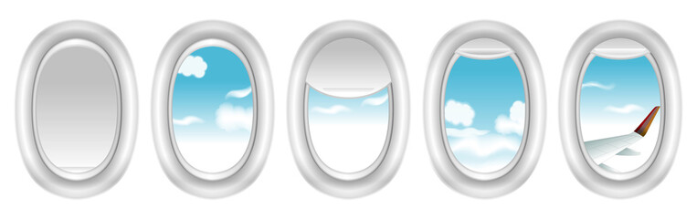 Fototapeta premium set of realistic airplane window or tourist traveller journey or mock up airplane cabin with curtains different positions window. eps vector