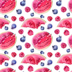 Seamless pattern watercolor watermelon, blueberry, raspberry on white. Summer autumn berries fruit sweet food. Creative realistic nature red background for menu, card, wallpaper, wrapping, textile