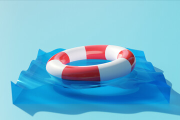 Naklejka premium 3d illustration of a white and red lifebuoy floats in the clear water. Emergency lifebuoy in the water. Saving lives. Summer background