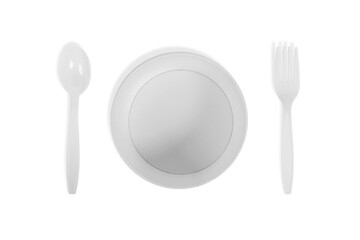 Set of empty plastic tableware bowls, spoons,  and forks isolated on white background. Top view