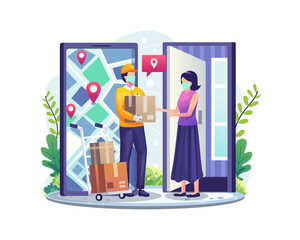 Online delivery services concept with a woman receiving parcel from delivery service courier through smartphone vector illustration - obrazy, fototapety, plakaty
