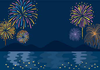 水辺に打ち上がる花火のイラスト