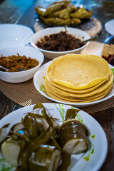 Traditional Malay Food and cookies during Ramadan and Eid Mubarak. Hari Raya Aidilfitri. Ketupat, rendang, lemang, dodol, biskut.