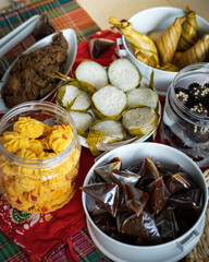 Traditional Malay Food and cookies during Ramadan and Eid Mubarak. Hari Raya Aidilfitri. Ketupat, rendang, lemang, dodol, biskut.