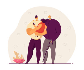 Father, daughter, grandfather taking selfie together. Girl using mobile phone to take photo with dad and grandad. Flat vector illustration. Family photo concept for banner, site design, landing page