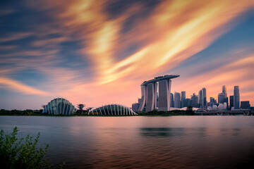 Obraz premium Skyline and view of skyscrapers at sunset in Singapore.