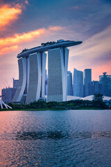 Skyline and view of skyscrapers at sunset in Singapore.