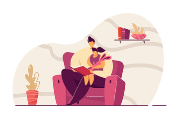 Father reading book to daughter flat vector illustration. Little girl sitting on mans lap, listening to fairytale. Family, reading book concept for banner, website design or landing web page