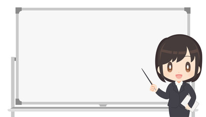 ホワイトボード 指示棒を持つ会社員 女性 イラスト