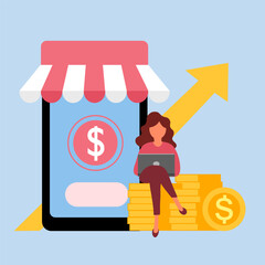 Woman making money from online business. Freelancer sitting on coins and working with laptop computer. Marketing strategy to increase sales and income.