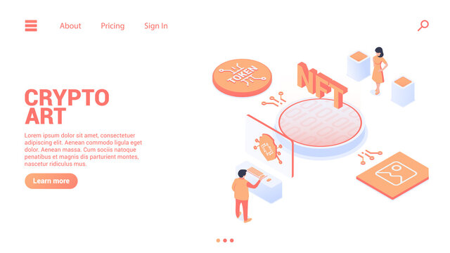 NFT web banner or landig page template. Сreation of a certificate of uniqueness of a digital object.  Modern vector illustration in isometric style. Isolated on white background