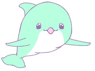 目をキラキラさせてこちらを見る笑顔のイルカ（水色）