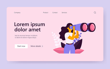 Happy woman holding huge tourists binocular and looking far ahead. Vector illustration for observation, discovery, future concept