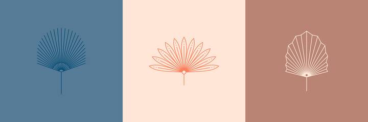 Set of Abstract Palm Leaves in a Trendy Minimal Linear Style. Vector Tropical Leaf Boho Emblem. Floral Illustration - 433549724