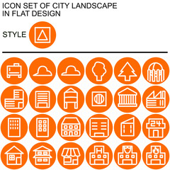 City landscape icon set in flat design with white lines, orange fills on a circle of orange line and orange fill background.