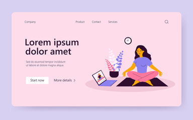 Woman watching online video yoga class on laptop and doing exercises at home, sitting in lotus pose on mat. Vector illustration for body training activity, education, meditation concept