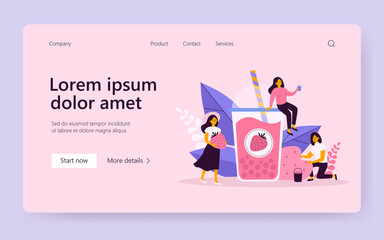 Fruit and berry smoothie production. Woman picking strawberry, holding glass of juice. Flat vector illustration. Summer, cold drink, fresh bar concept for banner, website design or landing web page