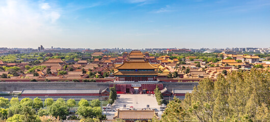 An aerial view of architectural buildings and decorations at the Forbidden City (Palace Museum) in Beijing, China.