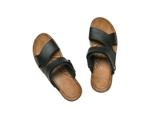Top view of men's leather flip-flops isolated on a white background.
