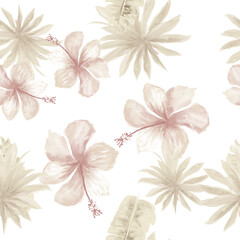 Gray Seamless Design. Brown Pattern Design. White Tropical Hibiscus. Banana Leaves. Flower Design. Floral Palm. Watercolor Nature. Decoration Illustration.