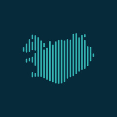 Vector abstract map of Iceland with blue straight rounded lines isolated on a indigo background.