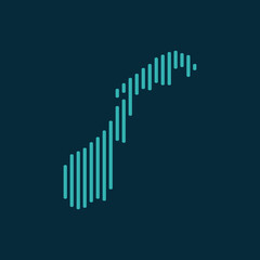 Vector abstract map of Norway with blue straight rounded lines isolated on a indigo background.