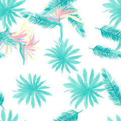 Fototapeta na wymiar Navy Pattern Exotic. Cobalt Seamless Exotic. Azure Tropical Leaves. Indigo Flower Foliage. Blue Floral Texture. Wallpaper Design. Decoration Background.