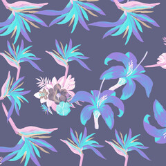 Fototapeta na wymiar Cobalt Pattern Palm. Violet Tropical Vintage. Coral Floral Palm. Indigo Flora Textile. Navy Decoration Design. Blue Wallpaper Hibiscus. Purple Spring Exotic.