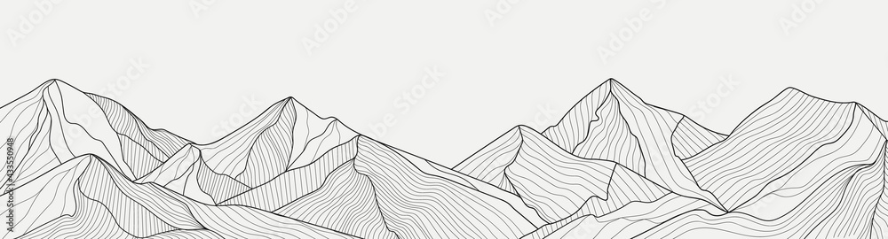 Wall mural Black and white mountain line arts wallpaper, luxury landscape background design for cover, invitation background, packaging design, fabric, and print. Vector illustration.