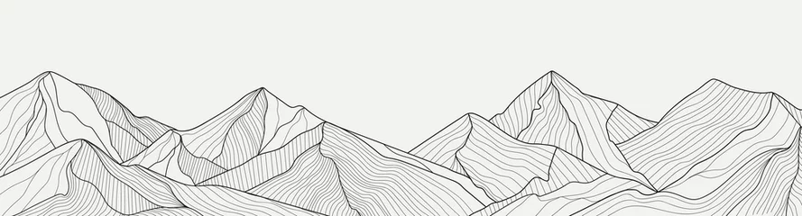 Rolgordijnen Zwart-wit berglijnkunstbehang, luxe landschapsachtergrondontwerp voor omslag, uitnodigingsachtergrond, verpakkingsontwerp, stof en bedrukking. Vector illustratie. © TWINS DESIGN STUDIO