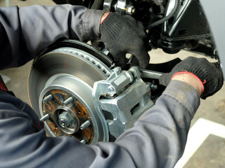 Front brake disc, brake pads assembly, brake caliper close-up.Spare parts.Monitoring of the...