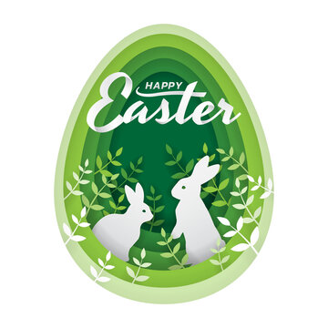 Paper art and digital craft style of two rabbits in the bushes that are inside the green egg shape, Happy Easter day concept