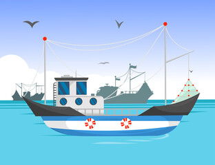 Trawler sailing in daylight cartoon illustration. Commercial fishing boat on water, silhouettes of ships in background, birds flying in sky. Vintage ships, sea or ocean transportation concept