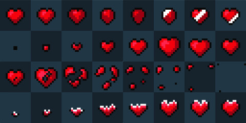Heart pixel art animation. Isolated vector illustration of mobile or pc game sprites. Design for stickers, logo, mobile app. Game assets 8-bit sprite sheet. Contains: flip, appear, disappear