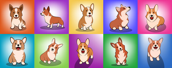 set of cute Cartoon Vector Illustration of a corgi puppy dog