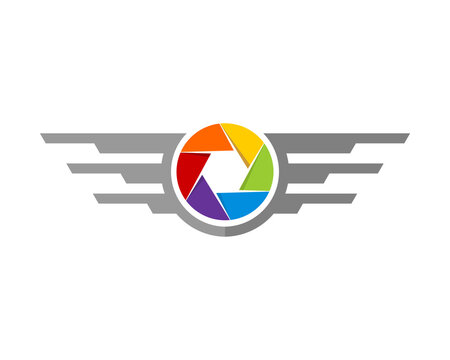 Camera lens with abstract wings logo