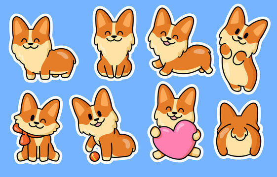Cute Corgi puppy stickers set. Collection of flat vector illustrations. Fox like dog cartoon characters playing with ball, holding heart sitting, lying. Pet and mascot concept